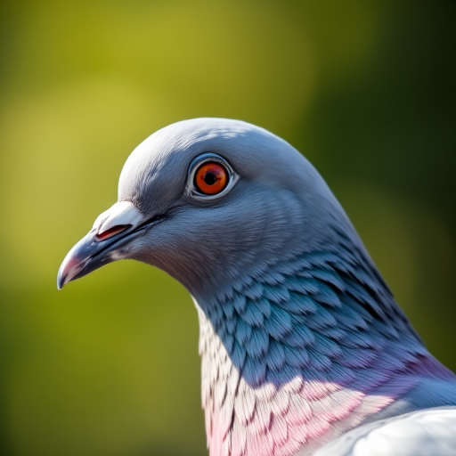 Capture a close-up photograph of a pigeon with a shallow depth of field, using a 50mm lens at f/1.8, ISO 100, shutter speed 1/200s, in natural light, with a soft bokeh background and clear focus on the bird's eye and beak.