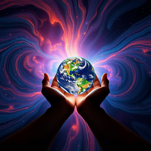Create an image of a pair of hands gently holding the Earth centered in space, with vivid swirling cosmic colors in the background, captured with a Canon EOS R5, 24mm lens, f/2.8 aperture, ISO 100, 1/100 sec shutter speed, using a wide-angle view for depth and focus on the planet.