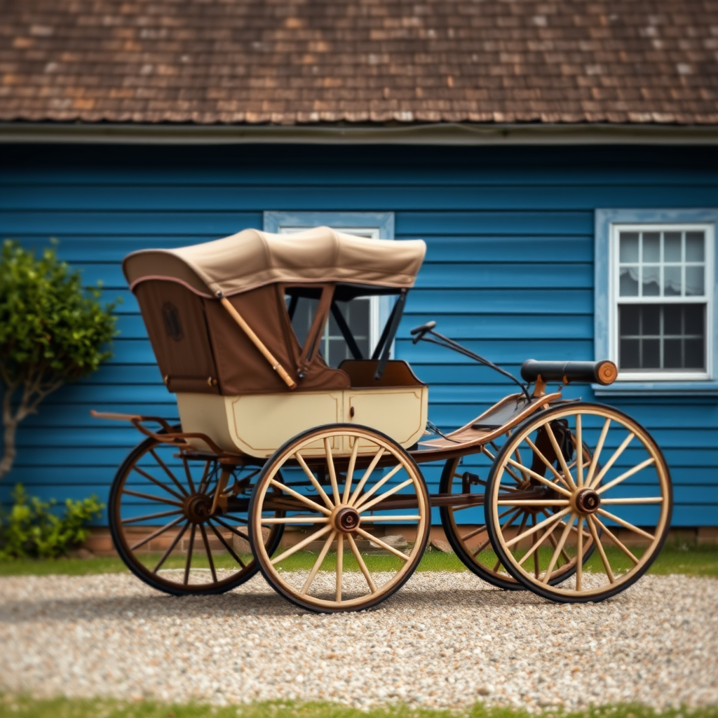 Regenerate an image of a vintage carriage parked on a gravel path outside a blue wooden house, using a Canon EOS 5D Mark IV, 50mm lens, aperture f/1.8, ISO 100, natural daylight, focus on the carriage with a slightly blurred background for depth.