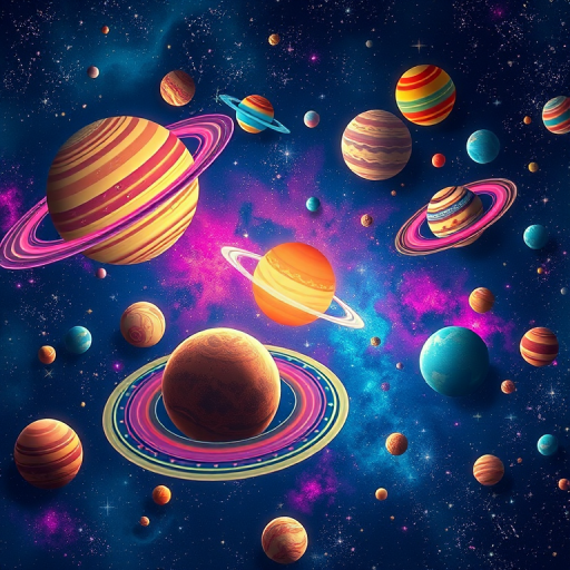 Create a vibrant digital artwork of a whimsical outer space scene filled with various planets, stars, and colorful rings, using a DSLR camera with a 50mm lens at f/2.8, ISO 100, aperture priority mode, and a panoramic view for enhanced clarity and color saturation.