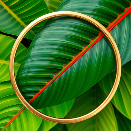 Create a vibrant tropical leaf frame with a circular gold border, using macro photography settings at f/2.8 aperture, 1/200 shutter speed, and ISO 100, taken from a top-down view with a DSLR camera and natural lighting to enhance colors and details.
