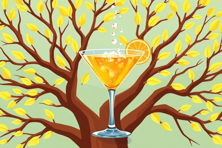 Create a vibrant illustration of a stylized tree with brown branches and light green leaves, featuring a lemon-colored martini glass at the center, bubbles rising from the glass, high resolution, angled view at 45 degrees, shot on a DSLR with a 50mm lens, f/2.8 aperture for a sharp focus on the glass and a soft background blur.