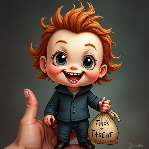 A whimsical caricature of a child version of Michael Myers, grinning mischievously. He is held by the hand of an unrecognizable person (only their hand visible), while holding a bag labeled 'Trick or Treat.' His facial expression is playful yet slightly menacing, reflecting his iconic figure. The scene is in portrait format with a Halloween theme, featuring exaggerated cartoon details like big eyes, a small body, and a creepy yet light-hearted tone.