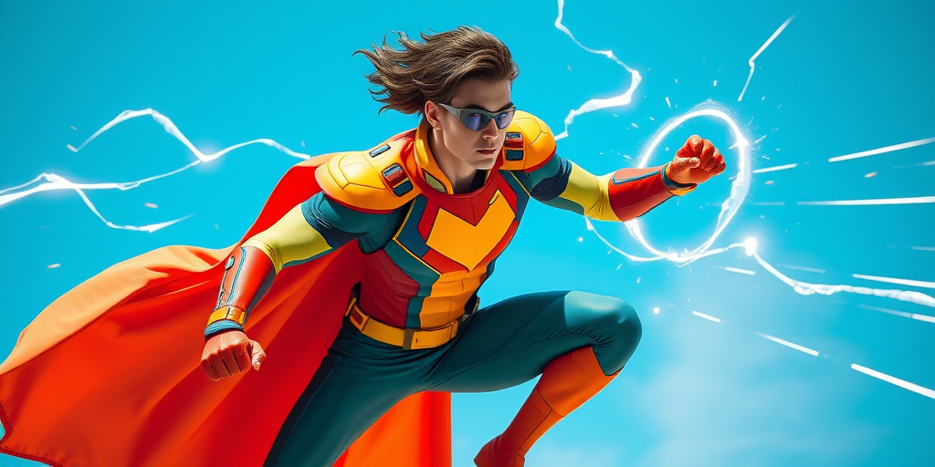 A dynamic superhero in a vibrant, futuristic outfit, mid-action pose, with energy trails and a bright blue background, captured with a DSLR camera at f/2.8, ISO 100, 1/1000 sec, wide-angle lens, high-speed shooting style.