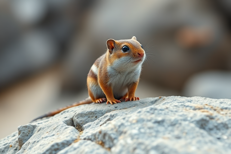Generate a high-resolution illustration of a small rodent-like creature sitting on a rock, using a DSLR camera with a 50mm lens, aperture f/2.8, ISO 200, natural lighting, and a shallow depth of field for enhanced detail and a soft background blur.