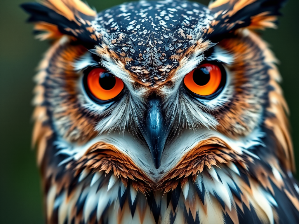 Generate a high-resolution polygonal art image of an owl with vibrant orange eyes, using a 50mm lens, f/2.8 aperture, ISO 100, soft natural lighting, and a slight depth of field to enhance details in the characteristics of the feathers.