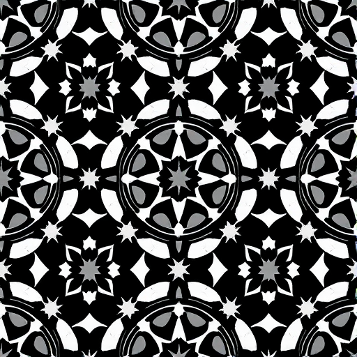 Create a seamless pattern featuring interlocking circles and stars in black and white, captured with a Canon EOS 5D Mark IV at f/8, ISO 100, 50mm lens, top-down view, and soft diffused lighting to enhance detail and texture.