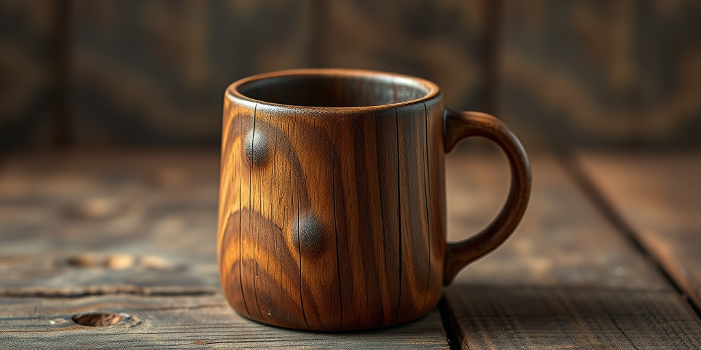 Create a high-resolution image of a rustic wooden mug with a slightly worn texture, shot with a Canon EOS R5, using a 50mm f/1.8 lens, aperture set to f/4, ISO 100, and a soft focus background to enhance detail and depth.