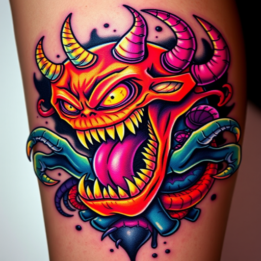 New school tattoo dubbed "Neon Nightmares" portraying exaggerated cartoon-style monsters and creatures in vivid neon colors with bold outlines and dynamic posing
