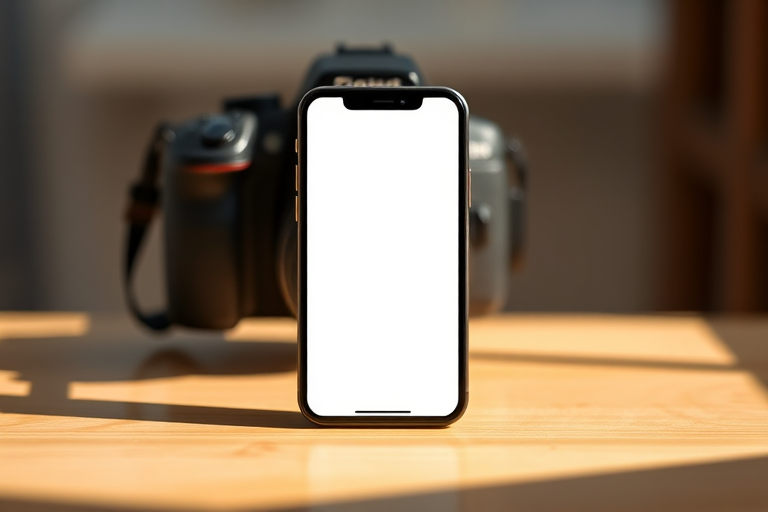 Create an image of a smartphone with a blank screen, using a DSLR camera, aperture set to f/2.8, shutter speed 1/60s, ISO 100, captured from a front view with soft natural lighting to enhance image quality.