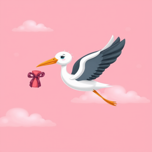 Create a whimsical illustration of a stork flying against a soft pink background with fluffy clouds, carrying a bundle tied with a ribbon, using a digital art style, with a vibrant color palette; settings: 50mm lens, aperture f/2.8, ISO 100, soft focus effect for a dreamy look.