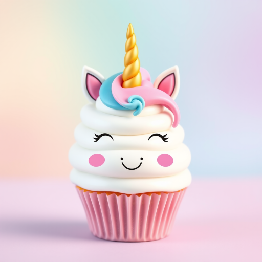 Generate a cute cartoon unicorn cupcake with pastel colors, soft gradients in the background, friendly smiling face, high-resolution digital illustration, shot with a Canon EOS 5D Mark IV, aperture f/2.8, ISO 100, 50mm lens for sharp detail and vibrant colors.