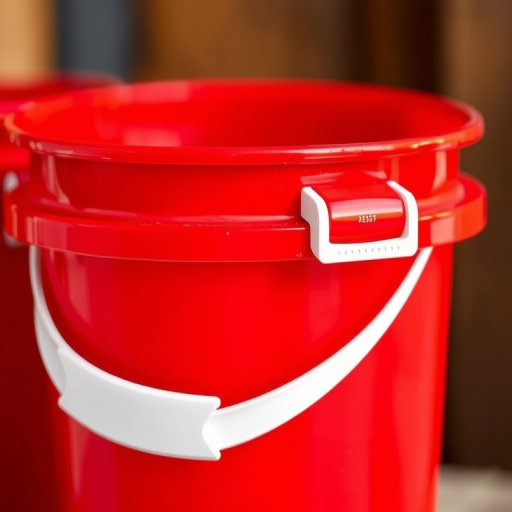 a vibrant red bucket with a white handle, captured in a close-up shot with a shallow depth of field, ISO 200, aperture f/2.8, 50mm lens, natural light, high contrast, vector style illustration