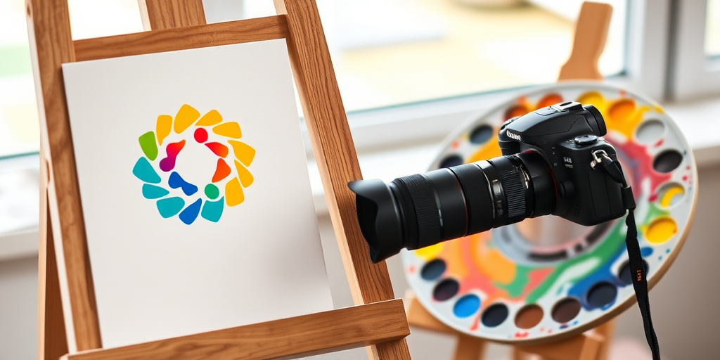 Create an image of an artist's easel with a colorful logo on the canvas, a painter's palette with vibrant colors beside it, captured with a DSLR camera at f/2.8, 50mm lens, shot in natural light, with a shallow depth of field to enhance image clarity.