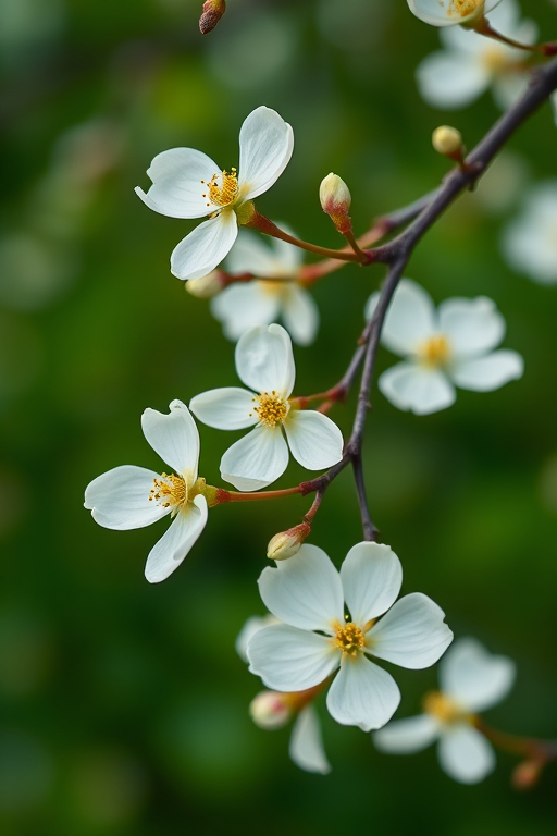 close-up shot of flowering dogwood branches with white blooms against a blurred green background, captured with a Canon EOS 5D Mark IV, f/4 aperture, 1/200 sec shutter speed, ISO 100, natural light, 85mm lens for a soft bokeh effect