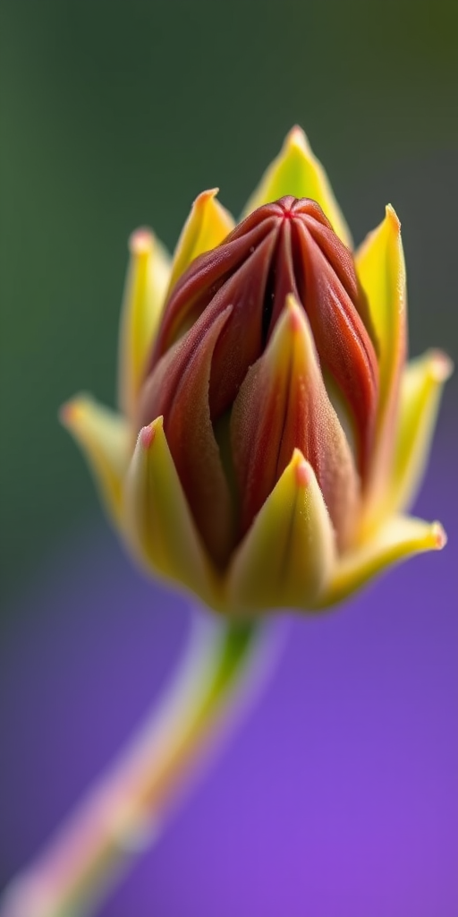 macro shot of a brown flower bud with green leaves, shallow depth of field, f/2.8 aperture, 100mm lens, ISO 200, natural light, DSLR camera, soft focus background