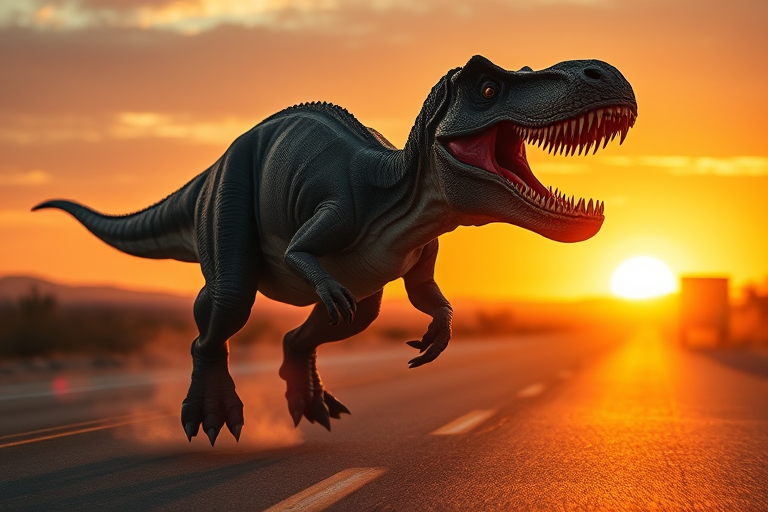 Create a hyper-realistic image of a roaring T-Rex running down a deserted highway at sunset, using a DSLR camera with a 50mm lens, aperture f/2.8, ISO 100, and a shallow depth of field for dramatic effect.