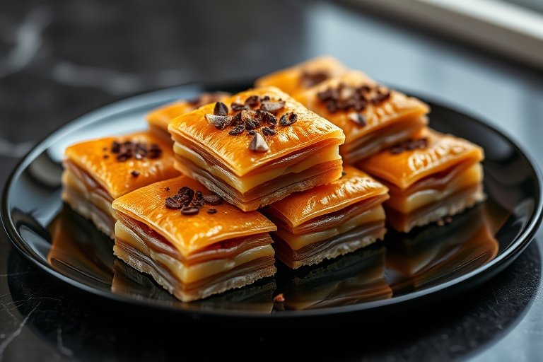 Capture a close-up of beautifully arranged baklava on a sleek black plate, using a Canon EOS R5, 50mm f/1.2 lens, aperture set to f/2.8, ISO 100, shutter speed 1/125s, natural lighting for enhanced textures, shallow depth of field for a soft background blur.