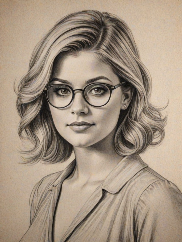 Delightful Lauren Alaina, pencil sketch, portrait of Elegant woman 1926s in glasses, hair style beatnik, outline, clear lines, fine lines, 8k