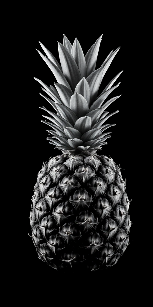 high contrast black and white photograph of a pineapple on a black background, Canon EOS R5, 50mm f/1.2 lens, ISO 100, aperture f/4, shutter speed 1/200 sec, softbox lighting for even illumination
