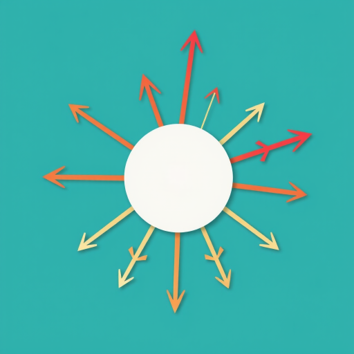 Create a digital art design featuring a central circle with various arrows pointing in multiple directions against a teal background, using a DSLR camera with a 50mm lens at f/2.8, ISO 100, and a shallow depth of field to enhance clarity and focus on the shapes.