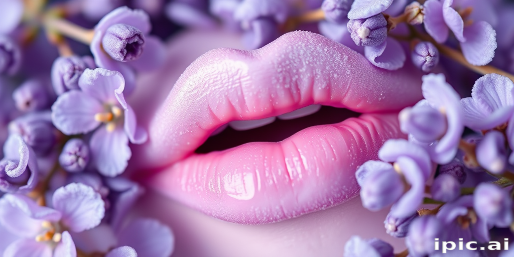 Frosted lavender lip cream "Moonlit Petals" with a soft, whipped texture and delicate pearl sheen, perfect for ethereal and romantic makeup looks, enriched with soothing botanicals