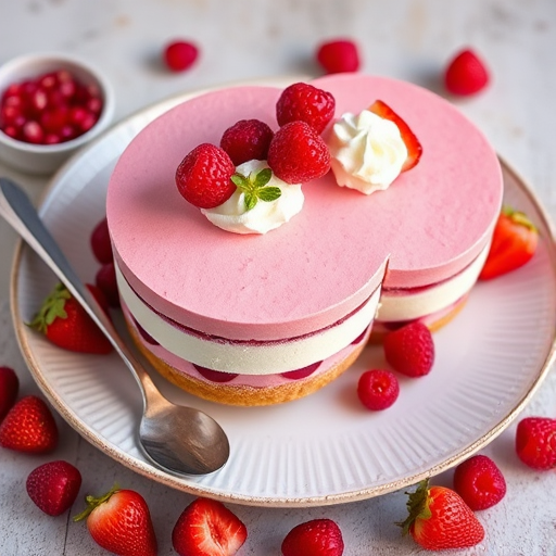 A beautiful dessert display featuring two round layered cakes with a pink berry mousse top and a creamy white bottom layer sitting on a plate with a textured edge. The cakes are garnished with fresh strawberries, a dollop of whipped cream, and red currants. Around the plate are scattered strawberries and a small bowl of pomegranate seeds, along with a vintage silver spoon placed beside the plate, creating an inviting and elegant presentation.