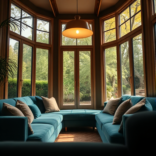 Regenerate a warm, inviting living room interior with a plush teal velvet sofa, softly lit by a modern pendant light, surrounded by large windows showing a lush garden outside; camera settings: f/2.8, ISO 200, 1/60 sec; camera view: low angle, capturing depth; camera style: cinematic; camera type: DSLR.