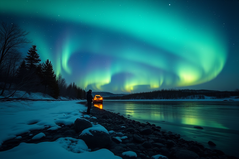 Generate a high-resolution image of a person standing by a serene, snowy river under a mesmerizing aurora borealis night sky with stars twinkling, using a DSLR camera, with a 24mm lens, aperture set to f/2.8, ISO 800, exposure time of 15 seconds, and a low-angle view to capture the reflection on the water.