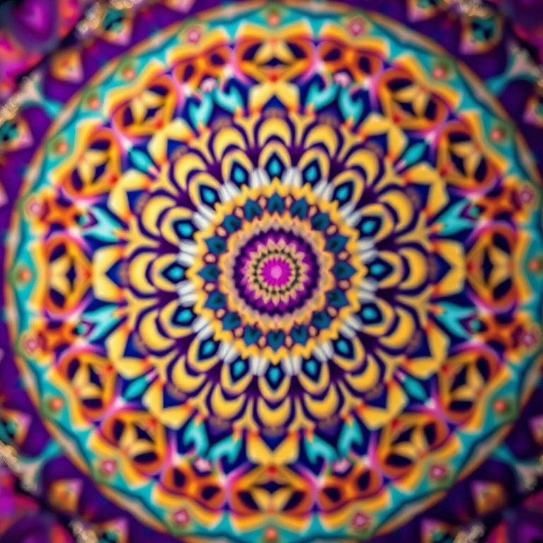 generate a vibrant, intricate mandala design featuring various circular patterns with rich colors of purple, teal, and gold, shot with a Canon EOS R5, 50mm lens, f/1.8 aperture, ISO 100, in soft focus with a slightly blurred background for depth, high dynamic range photography