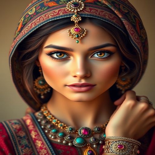 Create a portrait of a beautiful woman with striking hazel eyes and a gentle expression. She is adorned in traditional attire with intricate patterns, including a richly embroidered headscarf and matching garments. Her jewelry includes a delicate headpiece, dangling earrings, and ornate bracelets, all featuring vibrant gemstones and detailed metalwork. The background is soft and warm, enhancing the rich colors of her outfit and jewelry.