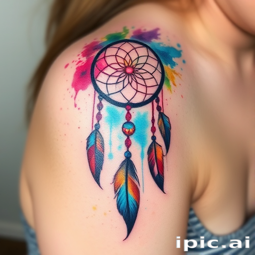Abstract watercolor tattoo of a dreamcatcher on the shoulder, with splashes of vibrant colors blending seamlessly into feathers and beads