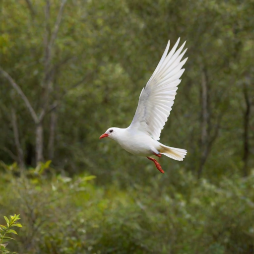 a white bird with red feet flying in a natural setting with blurred vegetation in the background