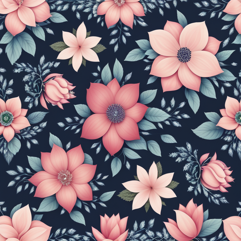 Elegant Floral Pattern Featuring Vibrant Blooms on a Deep Navy Background