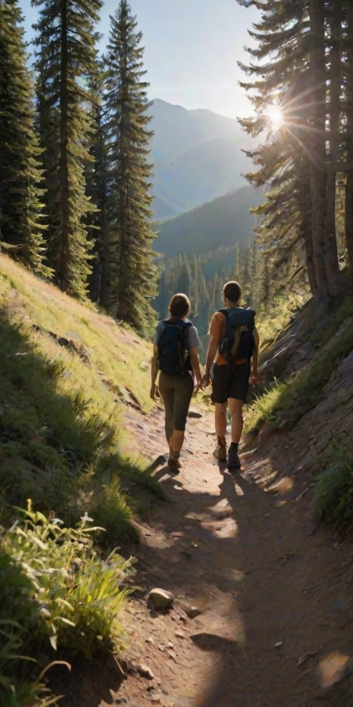 Crisp image of a couple hiking up a mountain trail, backpacks on, mid-conversation, sun filtering through the trees ahead, a stream running alongside the trail, distant mountain peaks barely visible through the trees, shadows stretching across the dirt path.