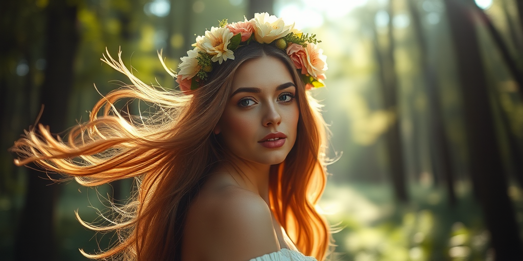Create a serene portrait of a woman with flowing hair adorned with a floral crown, standing in a sun-drenched forest with dappled light filtering through the trees, shot with a Canon EOS R5, 50mm lens, f/1.8 aperture, ISO 100, in soft focus to enhance the ethereal quality.