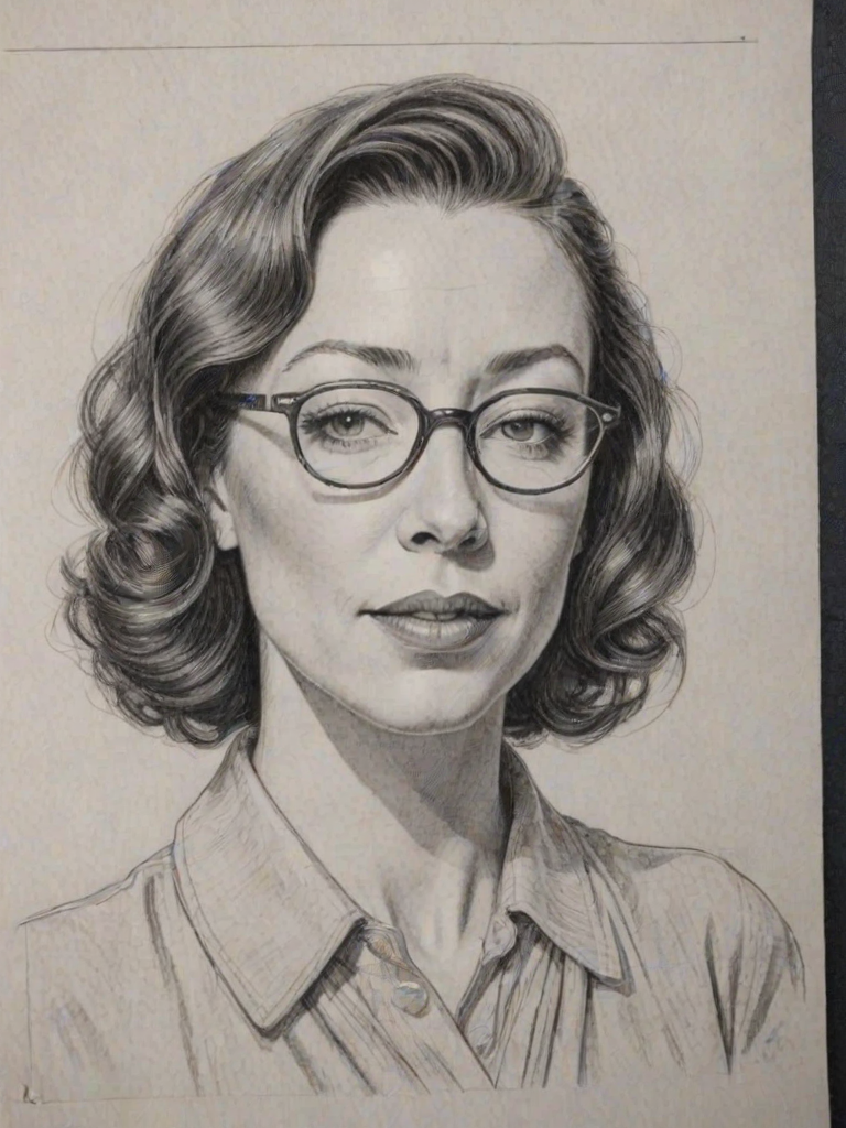 Dazzling Molly Parker, pencil sketch, portrait of Beauteous woman 1927s in glasses, hair style beatnik, outline, clear lines, fine lines, 8k