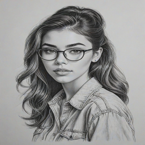 Enticing Madison Beer, pencil sketch, portrait of Resplendent woman 1941s in glasses, hair style beatnik, outline, clear lines, fine lines, 8k
