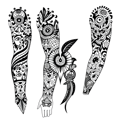 Tribal-inspired blackwork tattoo featuring intricate Polynesian-style patterns and symbols, woven together to form a cohesive full-sleeve design with bold negative space