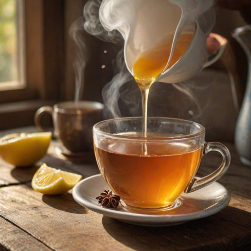 Warmly lit, close-up photo of a freshly brewed cup of tea on a rustic wooden table, soft steam rising from the cup, with a lemon wedge and honey jar nearby, illuminated by soft afternoon sunlight.