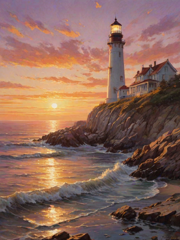 Generate an image of a tall lighthouse perched on a rocky outcrop surrounded by calm ocean waters during a breathtaking sunset. The lighthouse stands sturdy and weathered, its stone surface illuminated by the warm golden light of the setting sun. The sun's rays pass directly through the glass lantern room at the top of the lighthouse, casting a brilliant light across the scene. The sky is painted with vibrant shades of orange, pink, and purple, reflecting off the tranquil sea. The surrounding water shimmers with the same warm hues, creating a serene and majestic atmosphere.