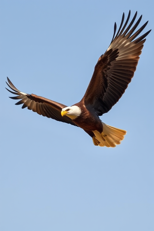 Capture a high-resolution image of a soaring eagle in mid-flight with a Canon EOS R5, 200mm lens, f/4 aperture, 1/1000s shutter speed, sunny weather, clear background, and dynamic angle to emphasize the wingspan and details of the feathers.