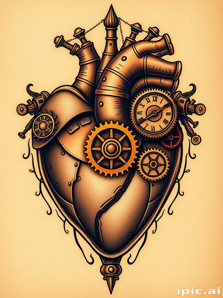 Steampunk-inspired mechanical heart tattoo with intricate gears and clockwork components, rendered in a sepia-toned palette with copper and brass accents for an authentic vintage feel