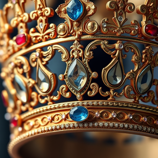 Generate a detailed illustration of an ornate crown with intricate designs, featuring shimmering jewels and a regal appearance, shot with a Canon EOS R5 at f/2.8, ISO 100, 1/200s, in a close-up view with soft lighting to emphasize textures and details.