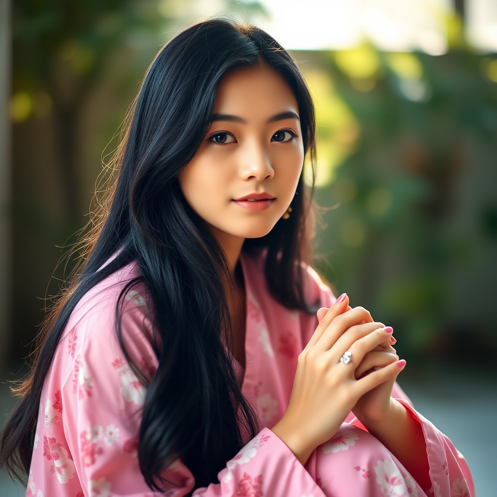 Generate a portrait of a young woman with long black hair and a serene expression, sitting gracefully with her hands clasped, wearing a pink floral garment, captured in soft natural light with a shallow depth of field using a DSLR camera at f/1.8, 85mm lens, ISO 100, and a slight vignette effect to enhance focus on the subject.
