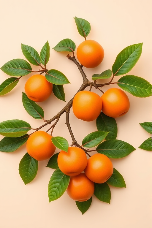 Create a high-resolution seamless pattern of orange plum-like fruits on branches with lush green leaves against a soft beige background, using a Canon EOS 5D Mark IV with a 50mm f/1.8 lens, aperture set to f/8, ISO 100, and a focus on vibrant colors and clarity, in a flat lay style.