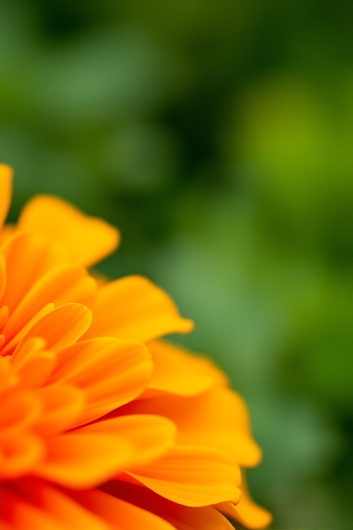 Close-up shot of a vibrant marigold flower with rich orange and yellow petals, blurred green background, f/2.8 aperture, 1/2000 shutter speed, ISO 100, macro lens, natural lighting.