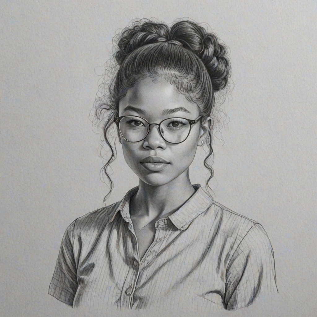 Alluring Storm Reid, pencil sketch, portrait of Charming woman 1977s in glasses, hair style beatnik, outline, clear lines, fine lines, 8k