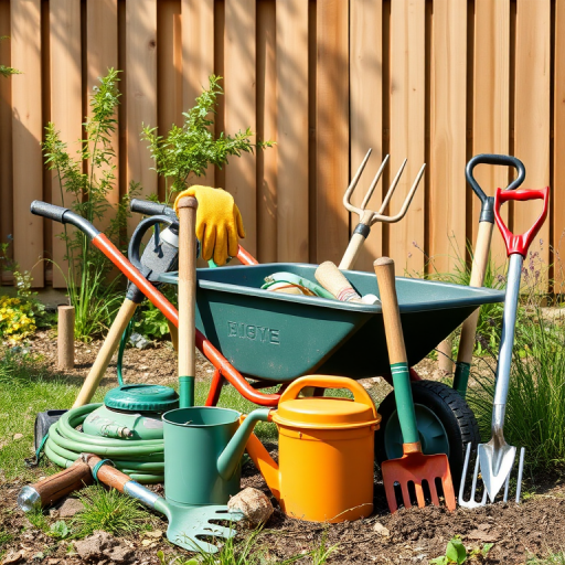 Create a high-resolution vector illustration of gardening tools arranged in a backyard setting, featuring a wheelbarrow, lawnmower, gloves, hose, watering can, rake, shovel, and garden fork, with a wooden fence in the background, shot with a DSLR camera at f/8, ISO 100, 50mm lens, in natural daylight for vibrant colors and sharp details.