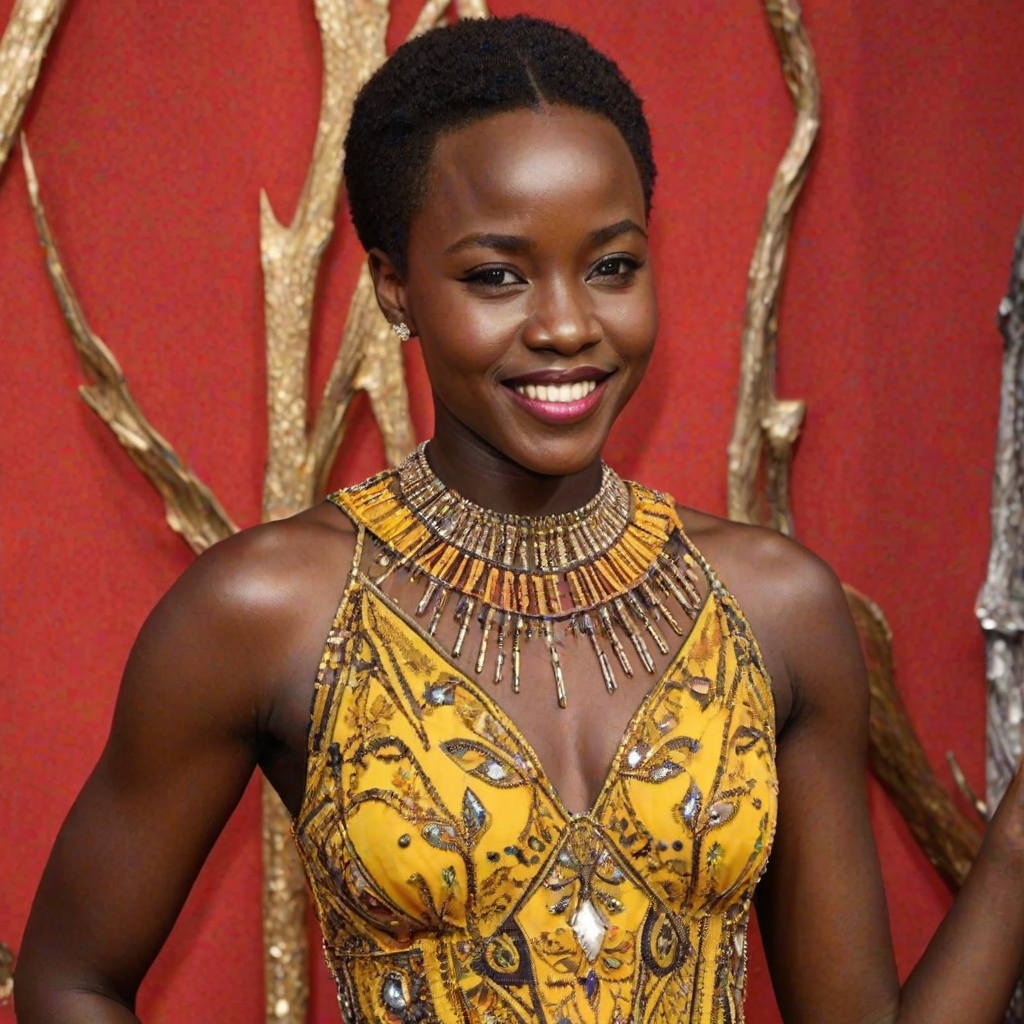 Captivating image of Lupita Nyong'o, star of "12 Years a Slave" and "Black Panther," featuring her radiant smile, flawless skin, and short natural hair, adorned with intricate beaded jewelry, wearing a vibrant yellow dress with African-inspired patterns, standing on a red carpet.